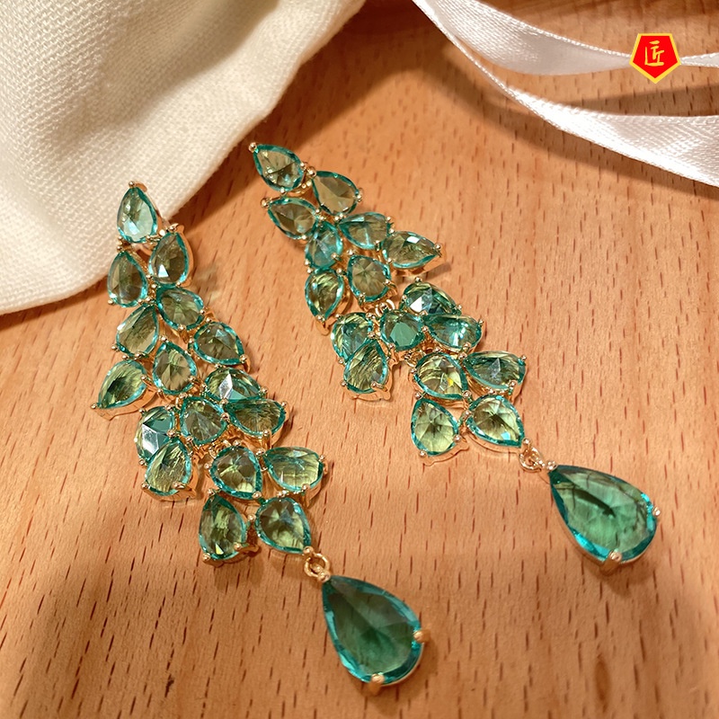 [Ready Stock]18K Gold Exaggerated Emerald Leaves Tassel Earrings