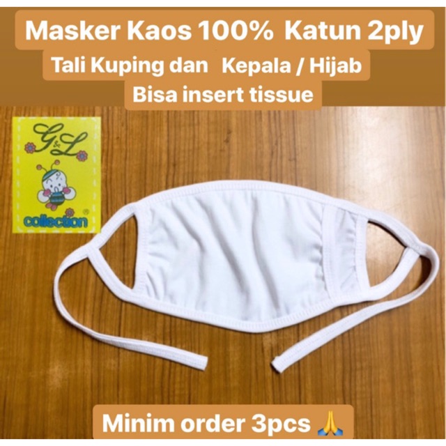 MASKER DEWASA PUTIH TALI KUPING DAN KEPALA/HIJAB 2PLY BISA INSERT TISSUE 100%KATUN