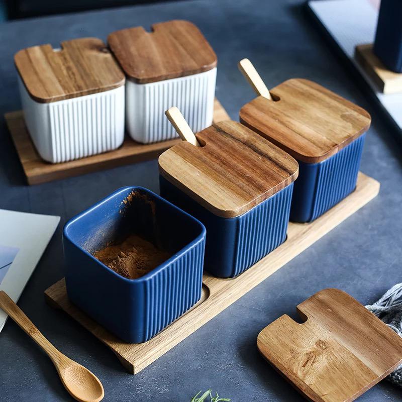 premium kitchen seasoning jar ceramic square vertical grain strip / toples kotak keramik penyimpan bumbu dapur