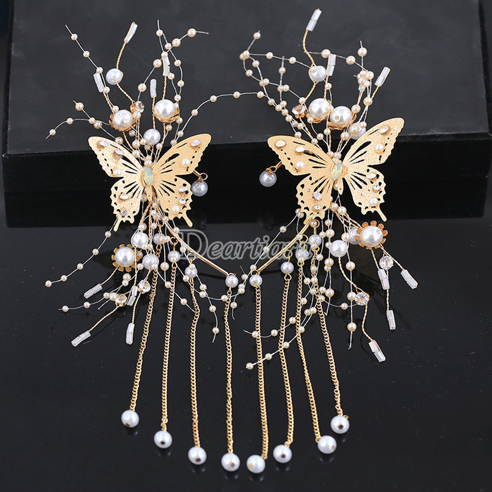 Bridal Jewelry Side Earhook Hair Accessories Golden Butterfly Tassel Jewelry Korean Style Wedding Dress Accessories