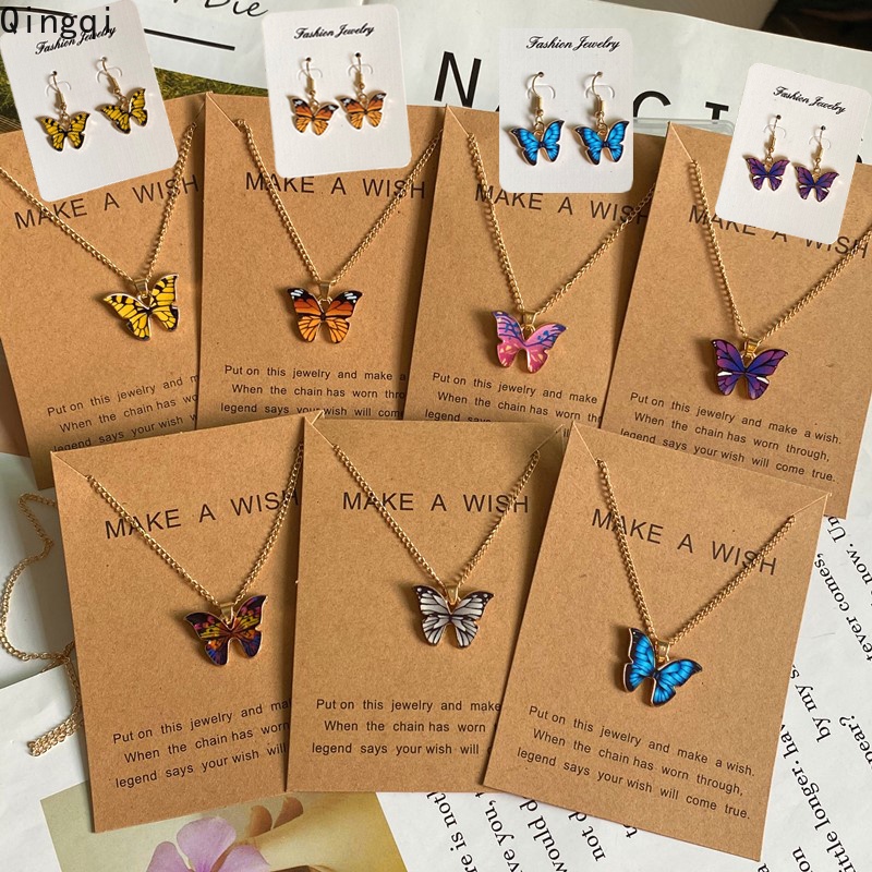 Anting Dan Kalung Rantai Liontin Butterfly Warna-Warni Untuk Wanita