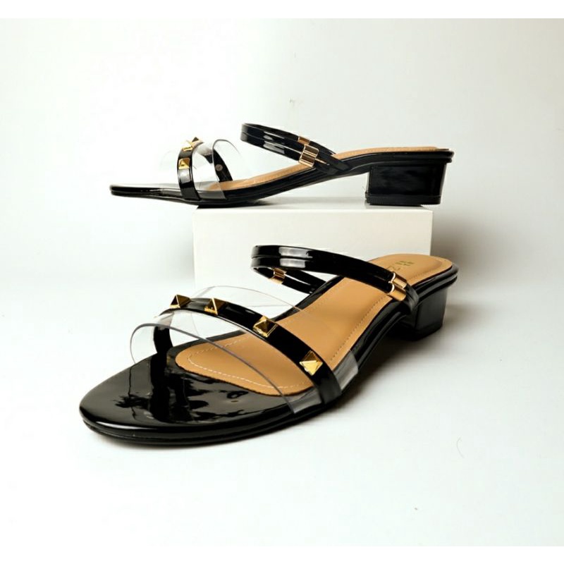 Sandal Heels Wanita 0157VZ Black VLTN Sendal Slop Big Size 41-45 Slop Kaca Pesta Size JUMBO Hitam, 42