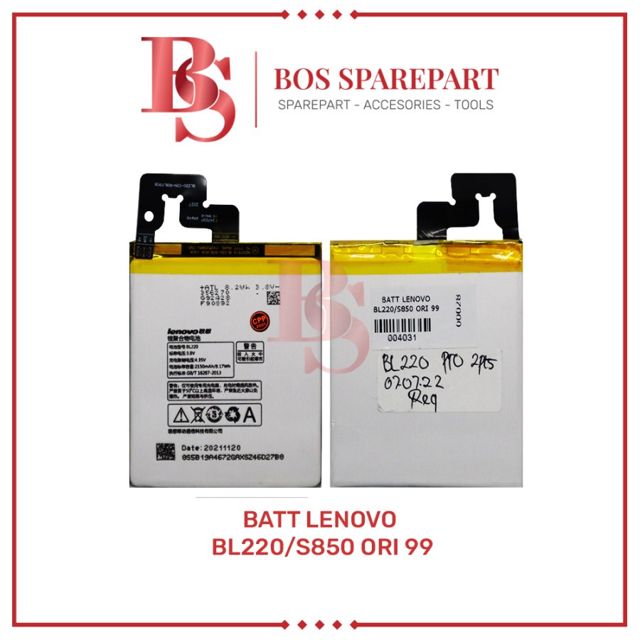 BATERAI LENOVO BL220 / S850 ORI 99 / BATTERY / BATRE