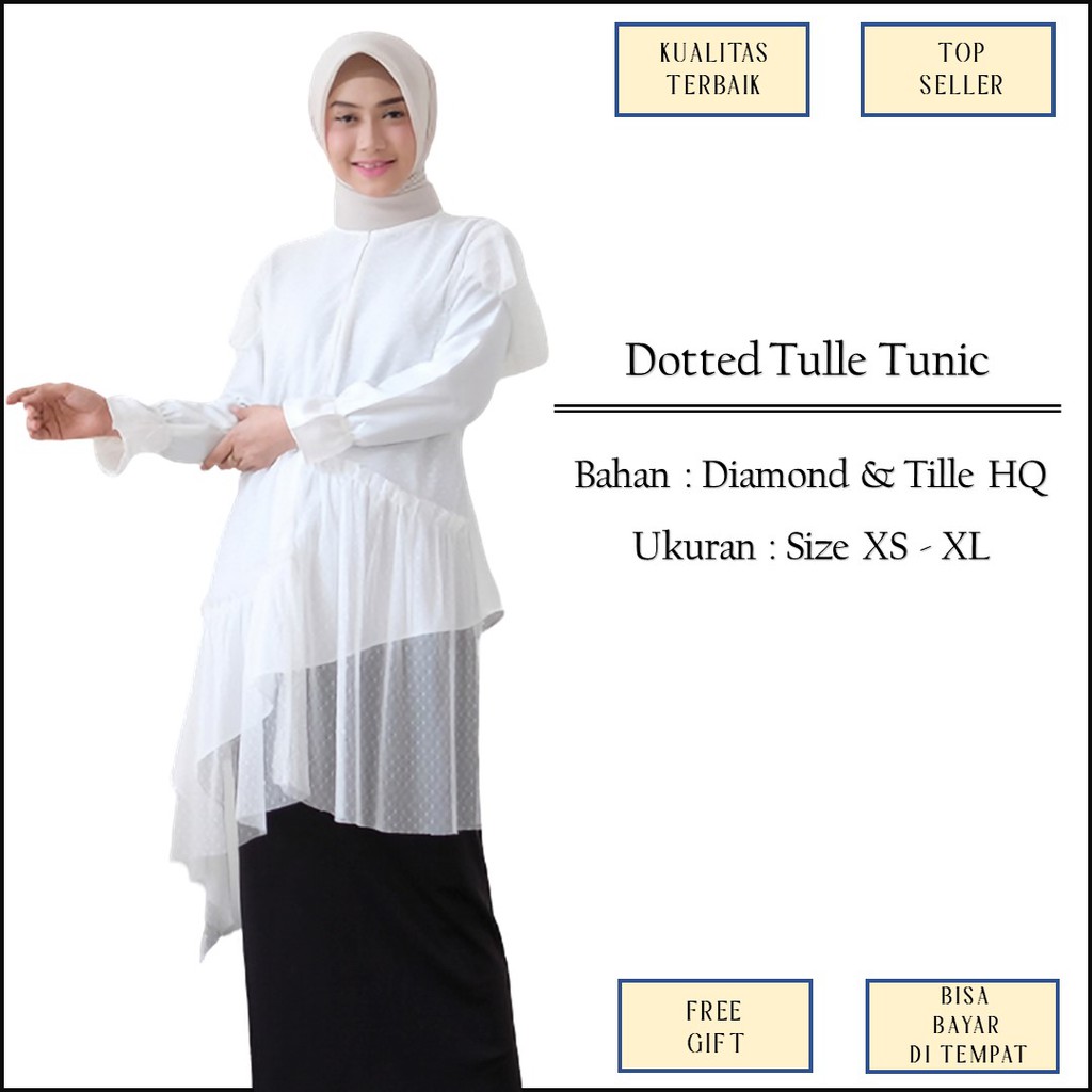 Atasan Tunic Tunik Pesta Broken White Putih Bahan Tille Resleting Busui Friendly Size XS XL Jumbo M1