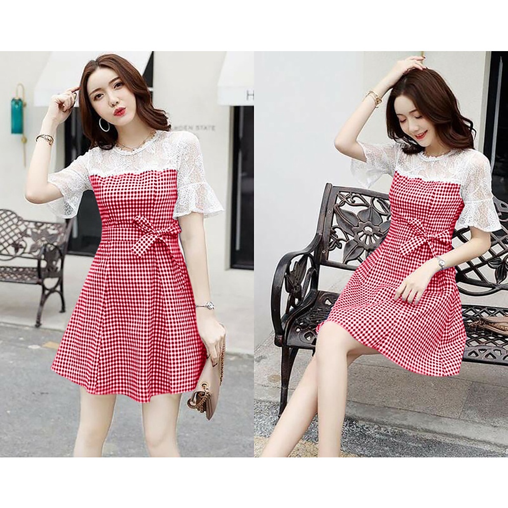 WSE390 - Dress Chikita UK Fit L To XL LD 100 CM PJ 85 CM Katun Kombinasi Brukat Dress Motif Kotak-kotak PREMIUM QUALITY