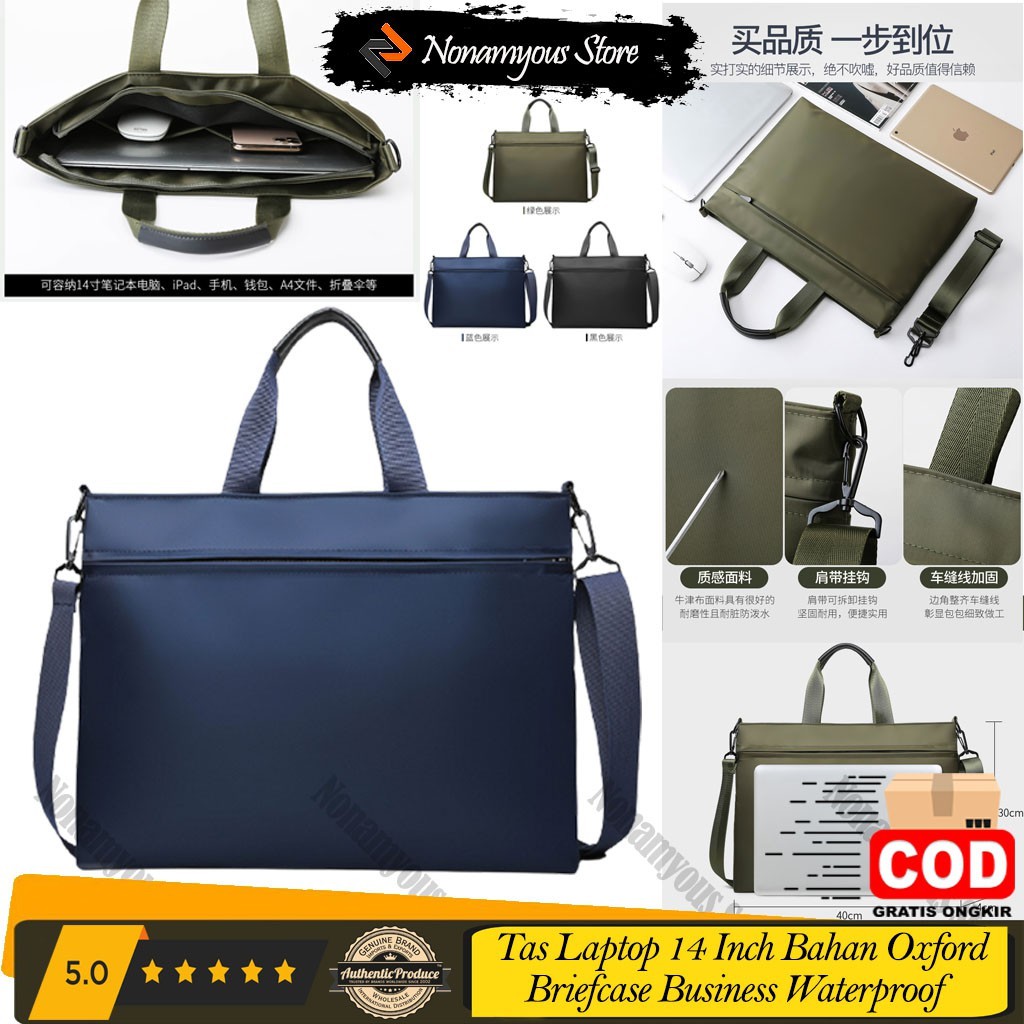 Tas Laptop 14 Inch Bahan Oxford Briefcase Business Waterproof Import