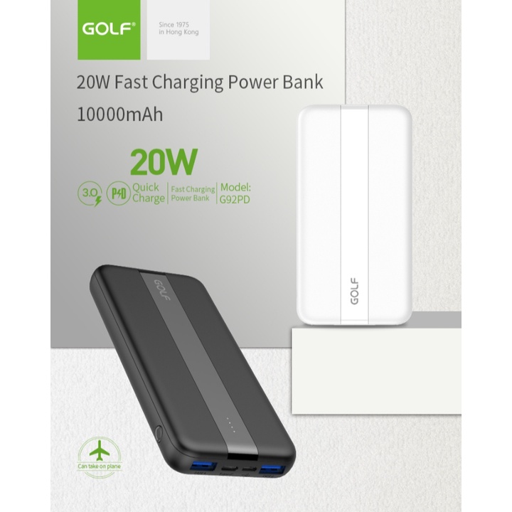 MINIGO POWER BANK G92 PD + QC 10.000mah 20w Quick Charge Warna : Black and White - 2USB Output + TypeC output PD+ QC -- 2input micro &amp; type C Fast Charge.