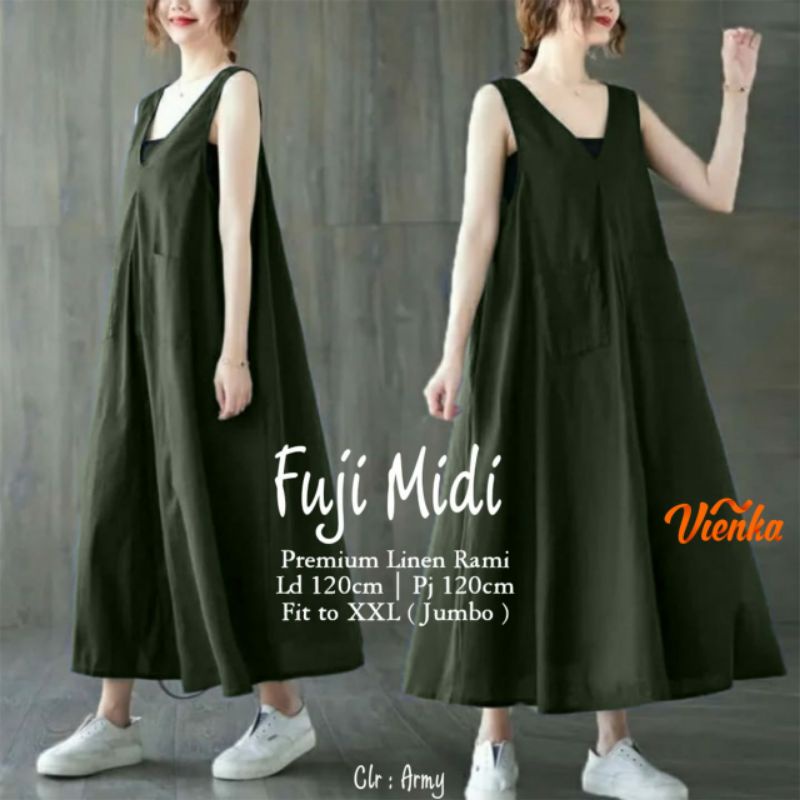 Fuji midi dress kutung katun linen tanpa lengan jumbo LD 120 XXL