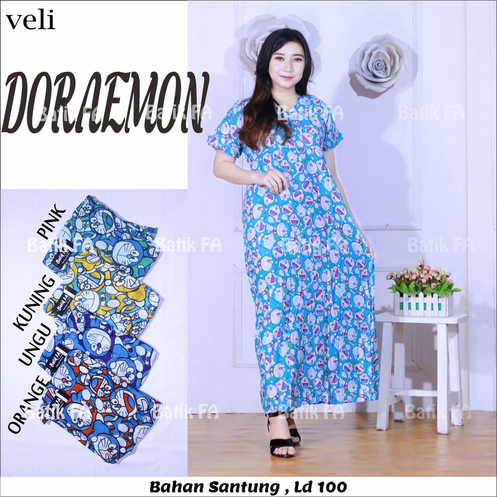  Daster  Veli Doraemon Motif Kupu Leher V Batik  FA  