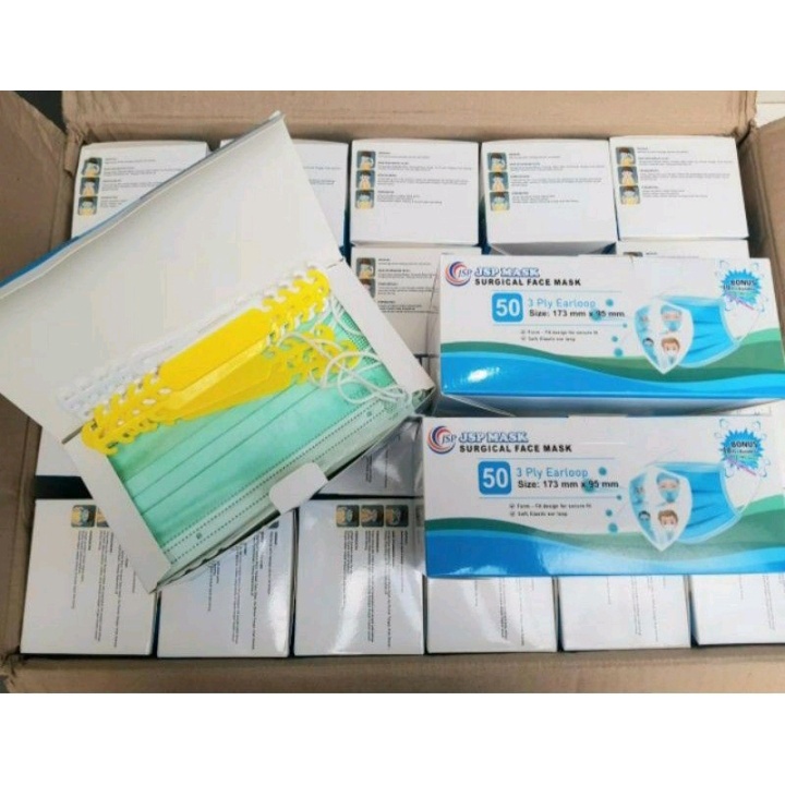 Masker Medis JSP Earloop Cantol Kuping Surgical Mask Kemenkes 3PLY isi 50 FREE 10 KONEKTOR HIJAU