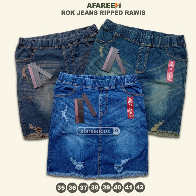 AFAREEN - Rok Pendek Jeans Wanita Ripped Rawis / Rumbai Pinggang Karet Melar/ Stretch Rok Korean Midi Jeans Denim Skrit Jumbo Big Size 35-42