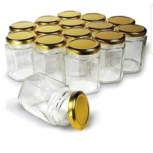 Toples Hexagonal Segi Enam 180ML Tutup Putar Kuning Emas Toples Beling Kaca Kecil Mini Bumbu Dapur G