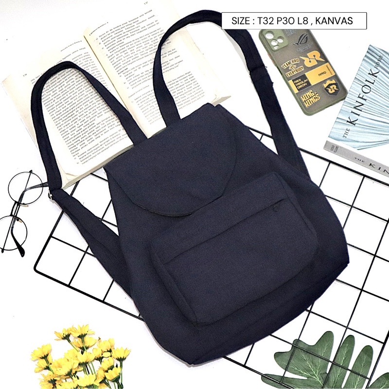 Bayar di Tempat COD Tas Ransel Serut Bahan Kanvas KANTONG Depan Ukuran Medium tas punggung wanita-Warna 679