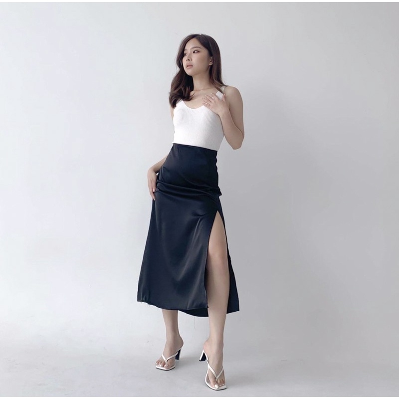 MADELINE SATIN MIDI SKIRT PREMIUM KOREA - ROK PESTA SATIN WITH SLIT MEWAH - SKIRT 3/4 - ROK KONDANGAN - HADIAH / KADO ULTAH WANITA