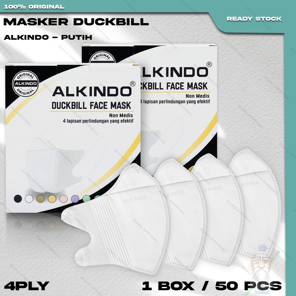 Masker Duckbil ALKINDO 4Ply isi 50 Pcs Putih White Duckbill 4 Ply Earloop Surgical Mask