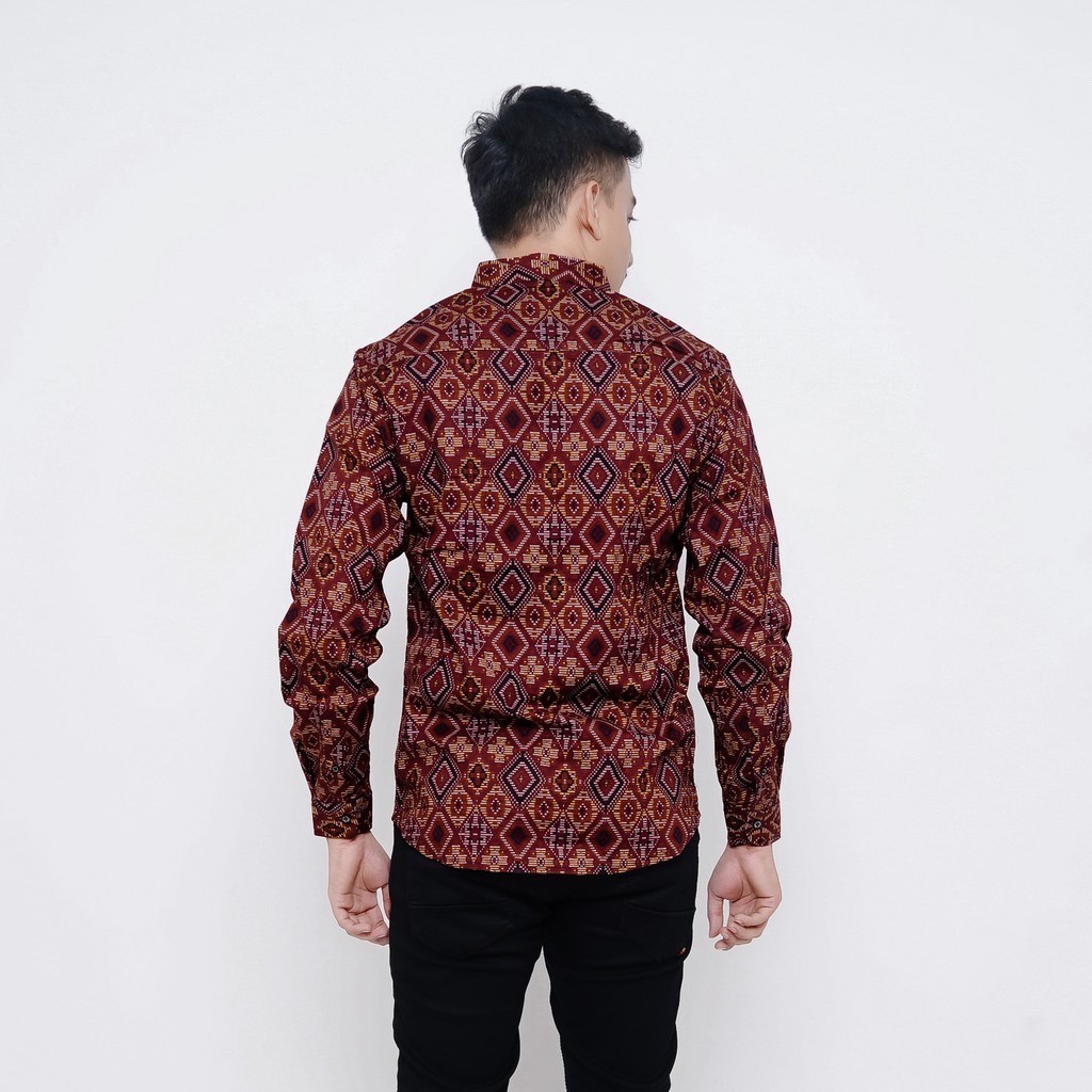 [READY BIG SIZE] BABEDO KEMEJA BATIK PRIA LENGAN PANJANG MOTIF DIAMOND COKLAT HEM BATIK PRIA PREMIUM