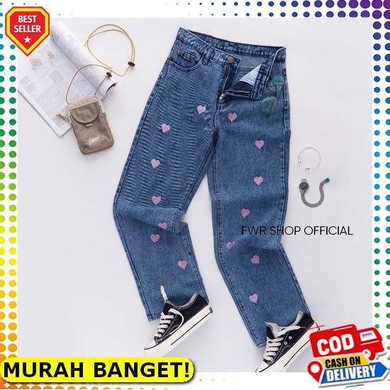 Celana Jeans Wanita Kekinian Clana Jins Cewek Hw Pinggang Karet Boyfriend Jeans Jumbo Big Size Murah
