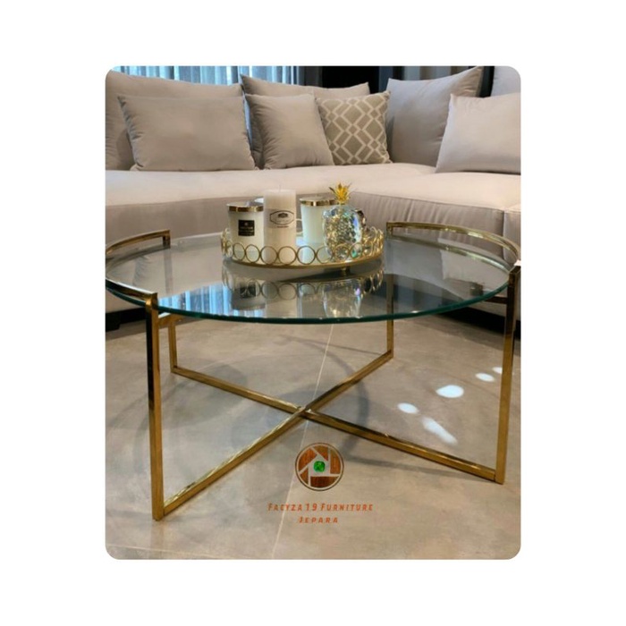 Meja tamu top kaca bening rangka stainlesh argo