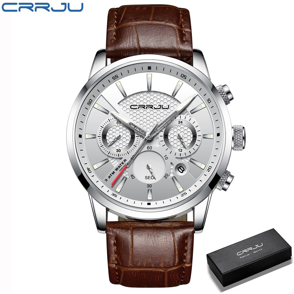 CRRJU Leather Quartz Watch Sport Waterproof Date Chronograph Jam Tangan Pria