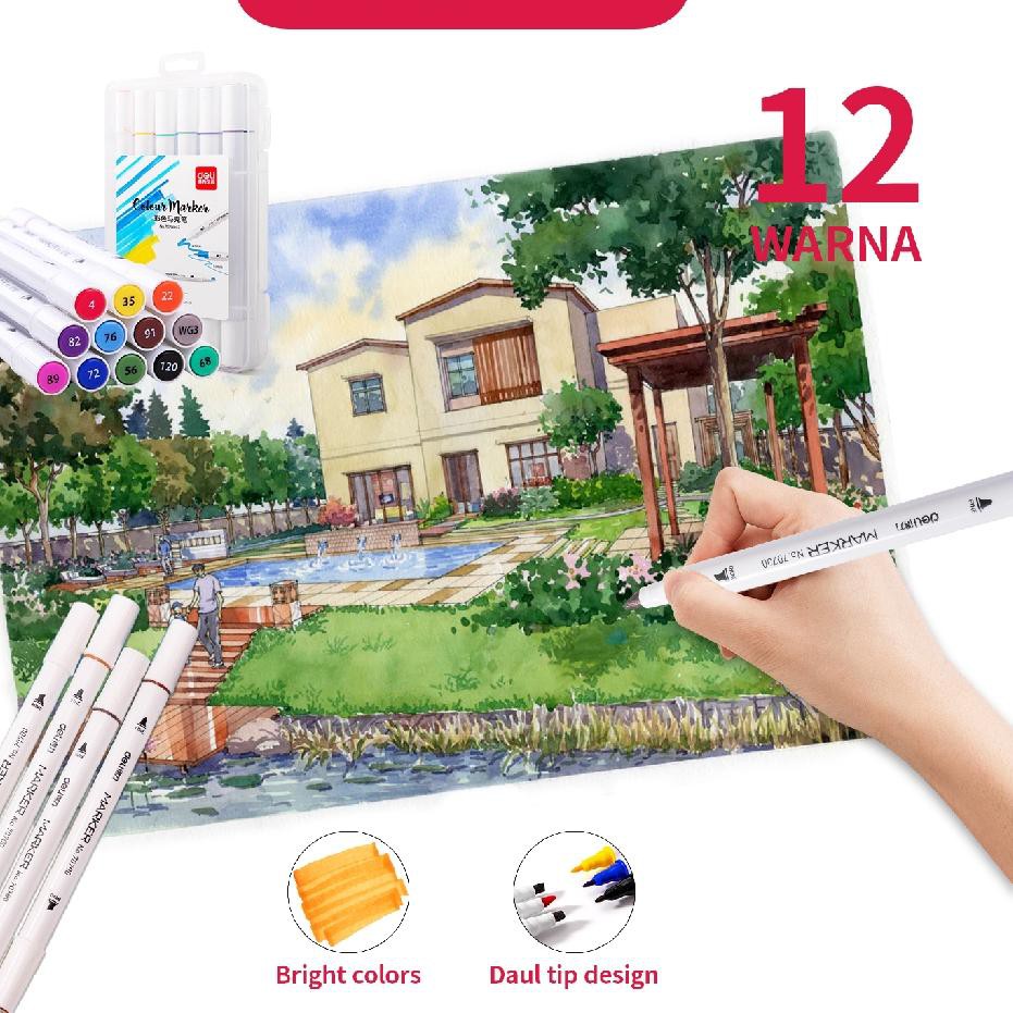 

★BestSeller★ Deli spidol desain profesional 12/24/36 warna ujung ganda 70700 ✧