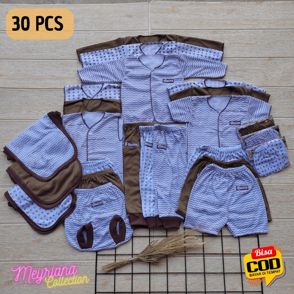 30 PCS Perlengkapan Bayi Baru Lahir Paket Newborn Laki Perempuan Celana Baju Bayi Popok Sarung tangan Kaki Seri Coklat Meyriana Collection