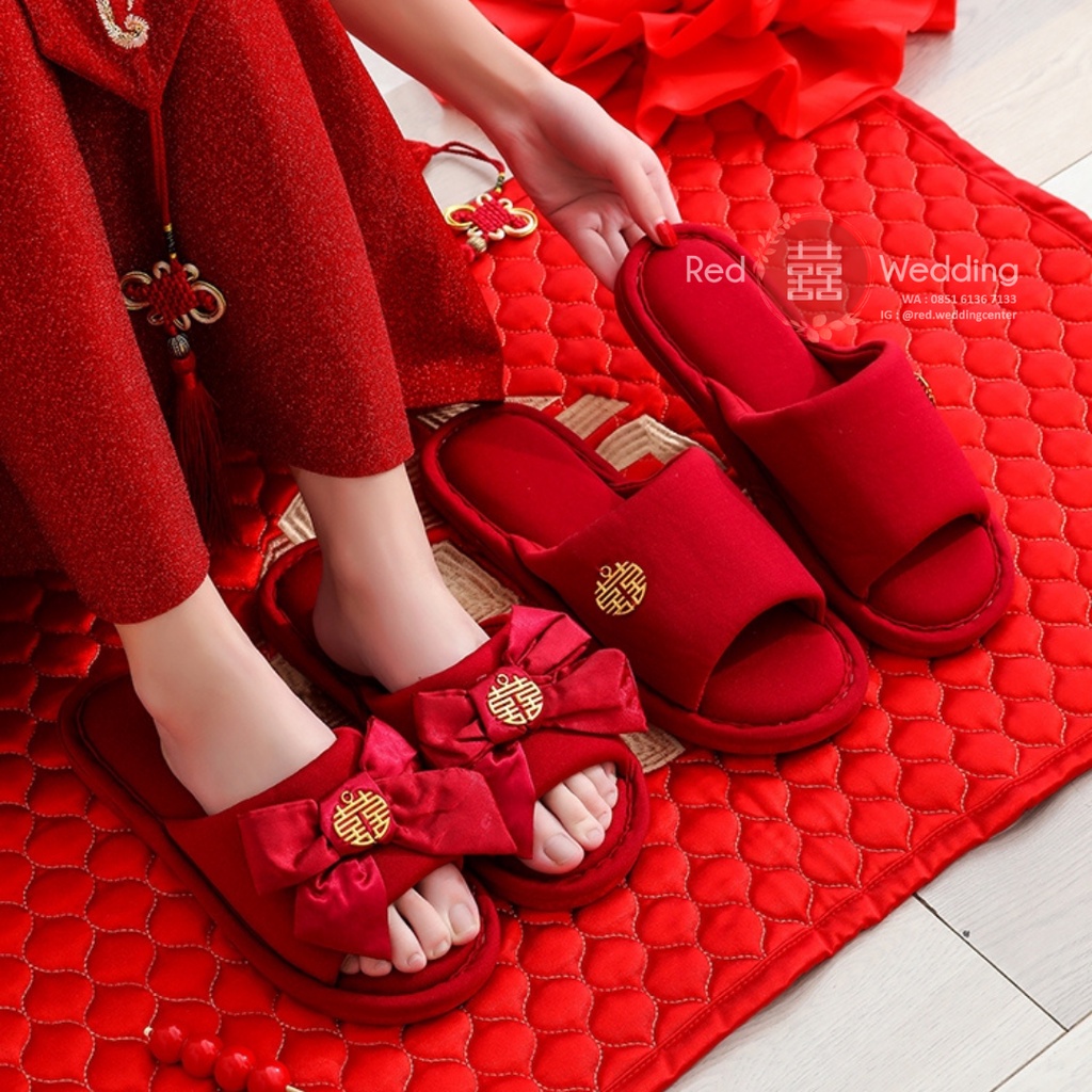 Sandal Maroon Pengatin Groom/Bride Sepatu Wedding Bahan Kain Pita dengan Shuang Xi Sanghi Emas