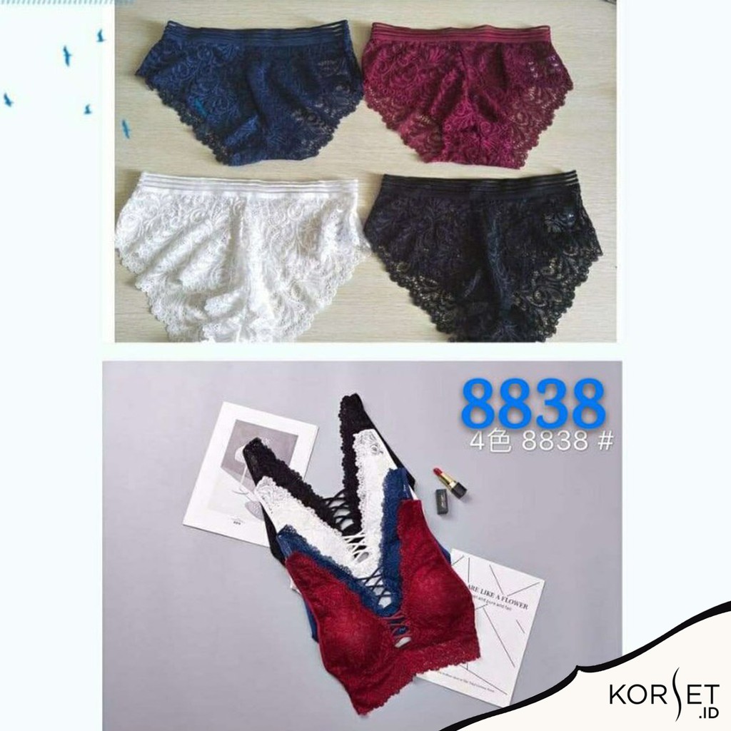 Korset.id - Setelan Set wanita Bra Celana Dalam BRALETTE LACE Atasan Bawahan Renda Brukat BH 8838