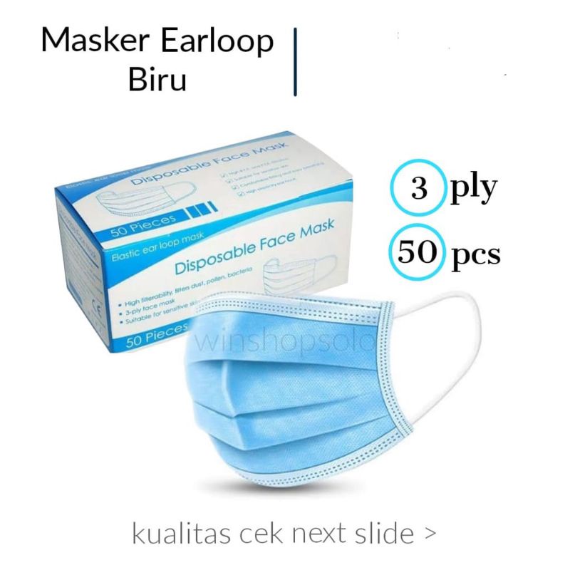 masker earloop 3ply (50 pcs) / masker earloop biru