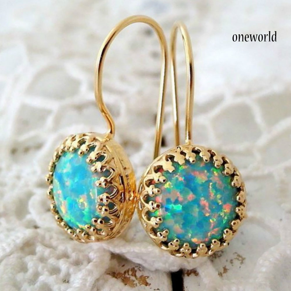 OW@ Vintage Women Multicolor Round Faux Opal Carved Dangle Hook Earrings Jewelry