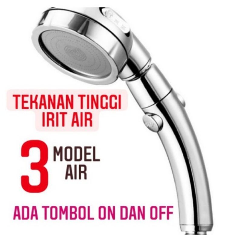 Kepala Shower Mandi Stainless Hemat Air Model Jepang Tombol Stop + 3 Mode