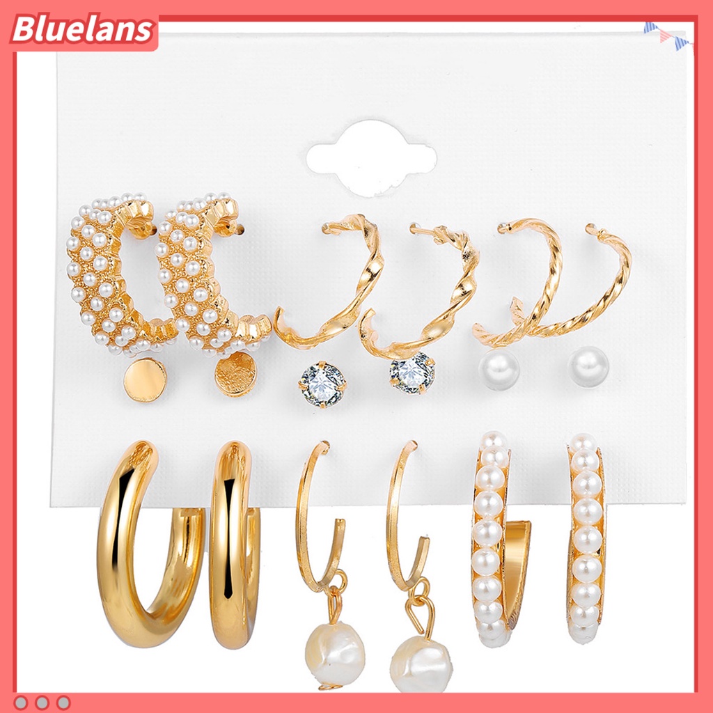Bluelans 9 Pasang Anting Mutiara Berlian Imitasi Bentuk Bulat Menjuntai Untuk Wanita