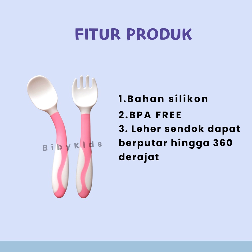 Sendok Makan Bayi Set Sendok Bayi Silikon Bengkok MPASI Sendok Garpu Silikon Bayi Perlengkapan Makan Bayi MPASI