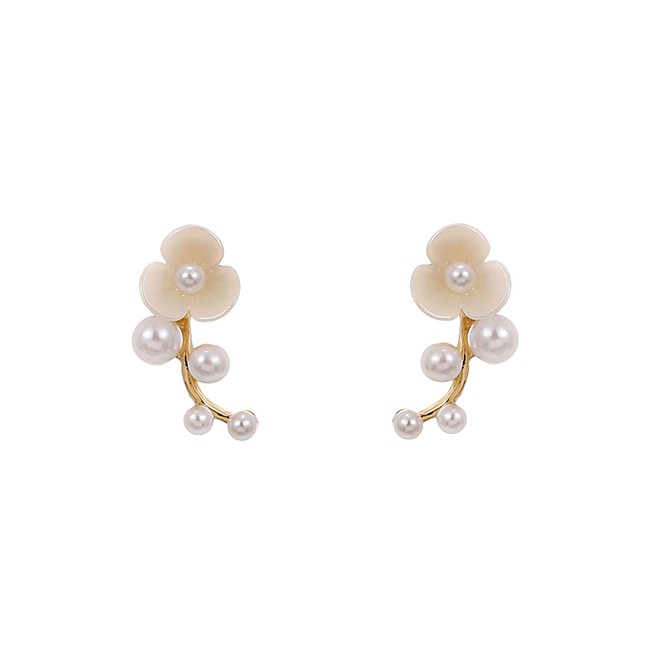 LRC Anting Tusuk Fashion Color Alloy Pearl Flower Stud Earrings K85858