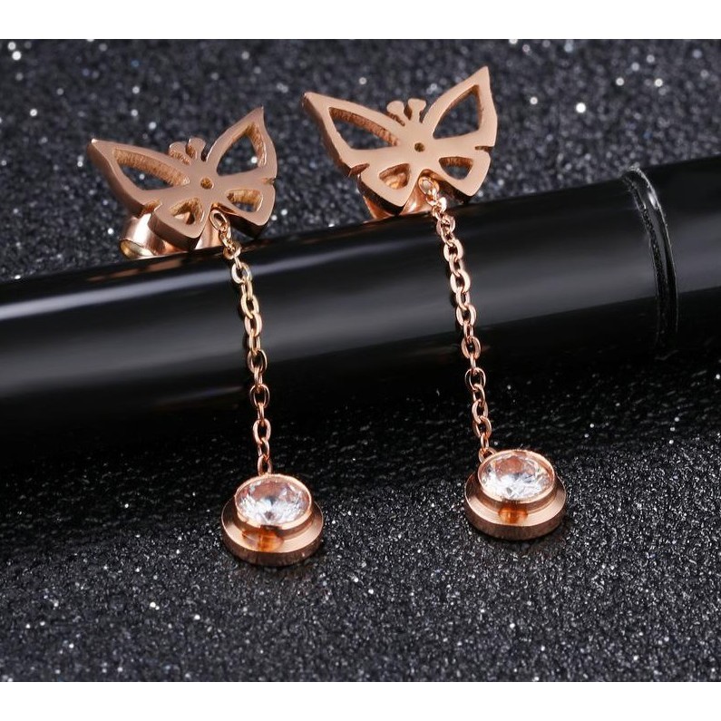 Anting Titanium Rose Gold Asli Wanita Fashion Anti Karat Murah AA006 Motif kupu dengan zircon