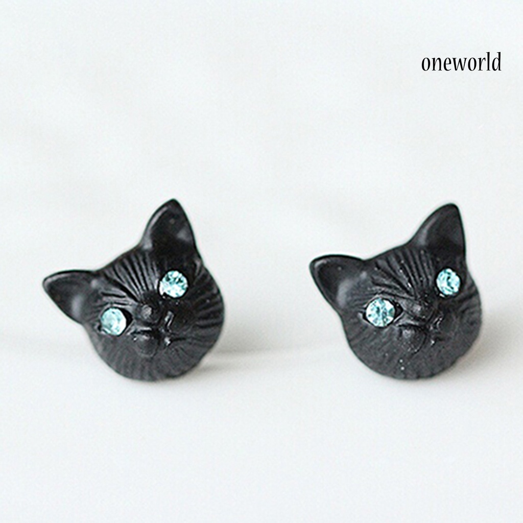 OW@ 1 Pair Women Cute Cats Head Rhinestones Inlaid Ear Studs Earrings for Party Club