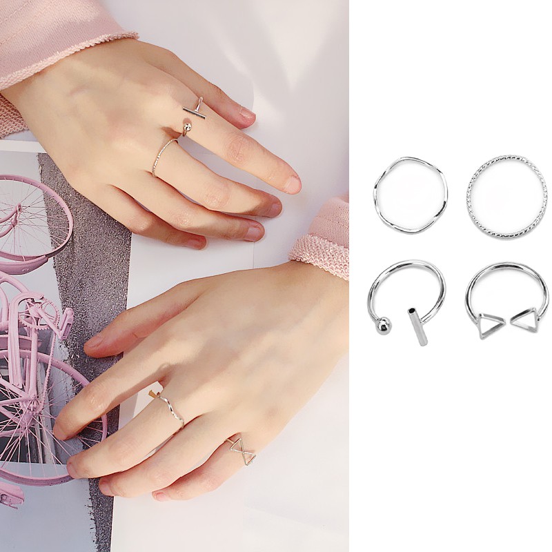 4PCS/Set Cincin Perak Gaya Korea Kasual Untuk Wanita