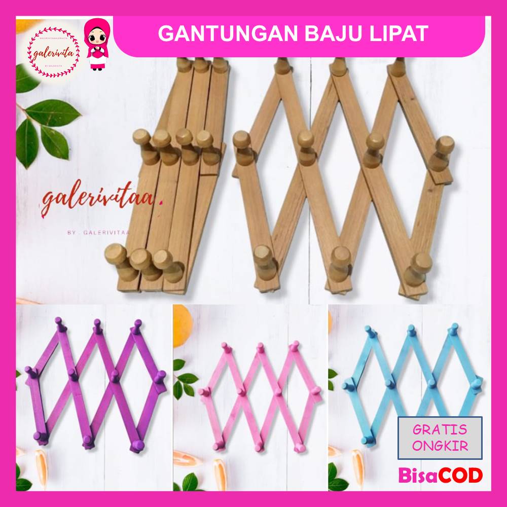 Gantungan Baju Kayu Lipat / Kapstok Kayu Lipat Warna Warni / Gantungan Baju Instan