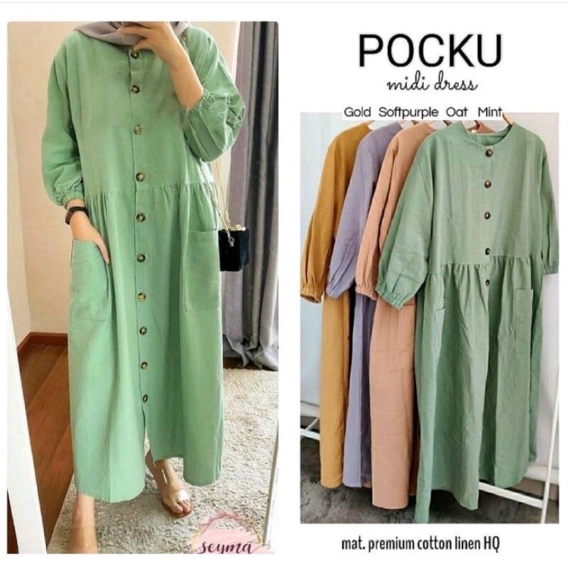 Midi Dress Polos Katun Linen Rami Premium Pocku Midi Dress Katun Linen