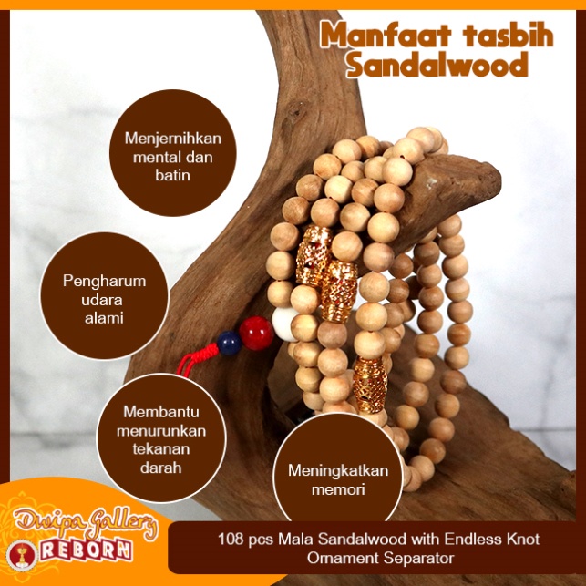 Tasbih / Mala Buddha 108 Kayu Cendana (Sandalwood) 8mm + Endless Knot