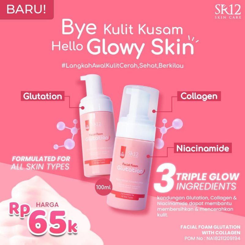 SR12 Facial Foam Glutation with Collagen 100ml Melembabkan Glowing Mencerahkan Kulit Wajah BPOM