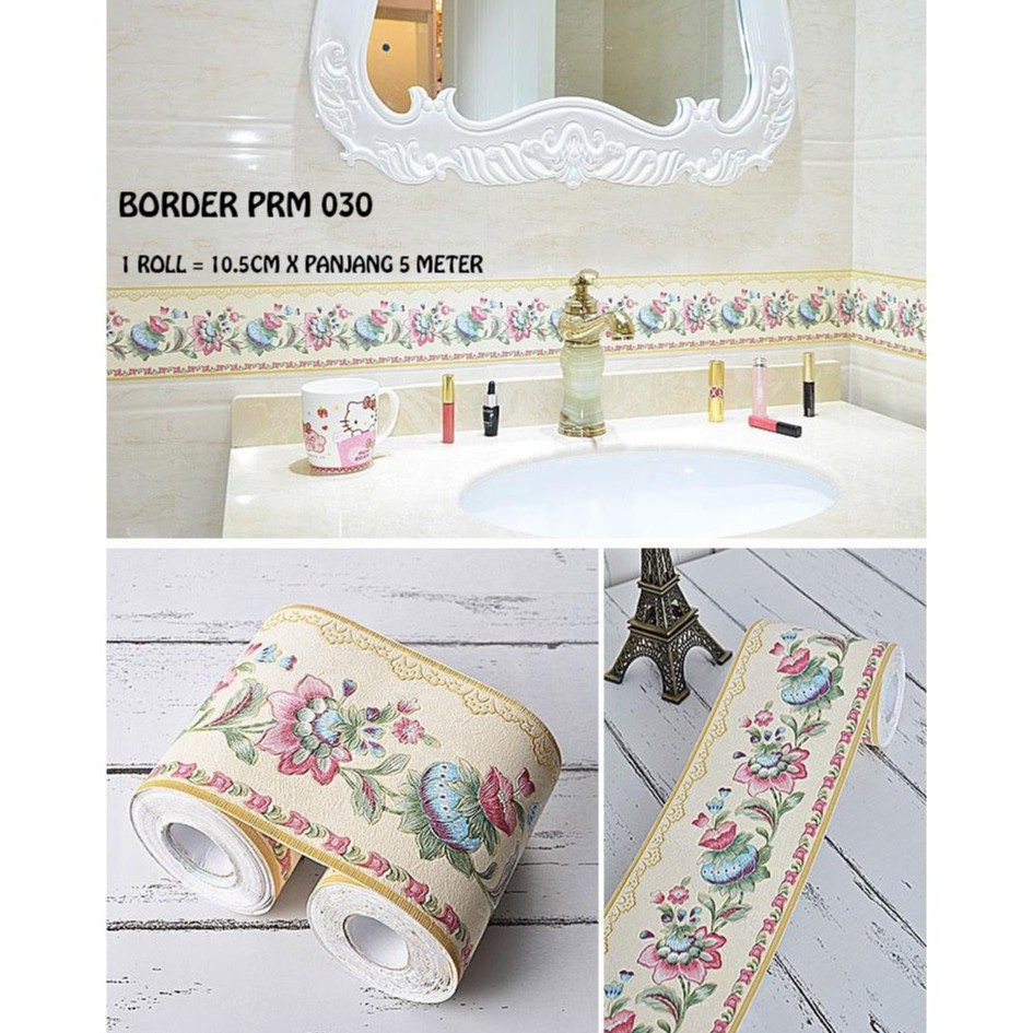 BORDER PRM 030 MOTIF  BUNGA BIRU CREAM KUNING WALLPAPER WALLSTICKER STIKER DINDING WALLSTICKER WALST
