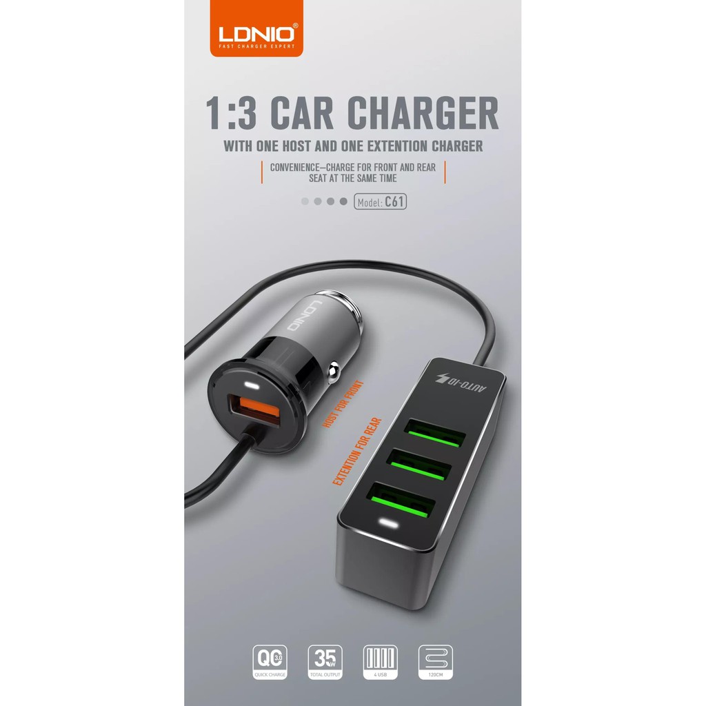 Charger Mobil Fast Charging Ldnio 4 Usb Combo Extension Car Charge C61