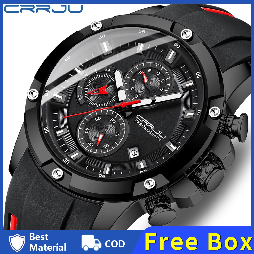 Jam Tangan Pria CRRJU Fashion Tahan Air Chronograph Dark Glow Jam Jam Tangan Karet