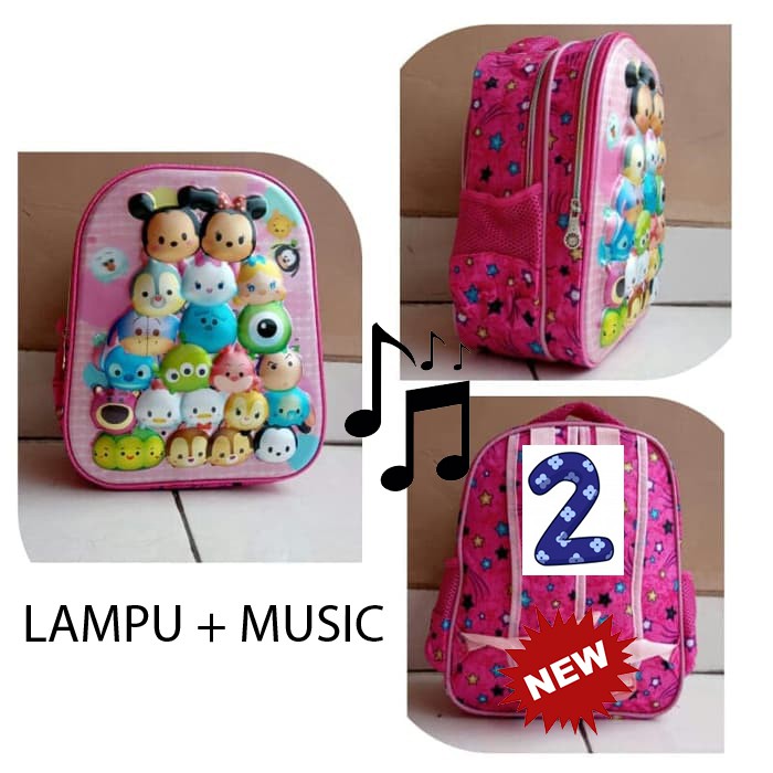 Promo RANDOM Tas Anak Ransel TK / SD LAMPU + MUSIK Gambar Anak Cewek Lengkap 5D Timbul Import