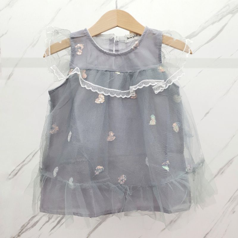golden heart tutu dress / dress princess anak bayi / gaun pesta baby tile tule pink biru putih-Heart beads grey