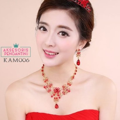 [PRODUK FAVORIT] SET ANTING KALUNG PESTA AKSESORIS PENGANTIN MERAH CRYSTAL KAM006