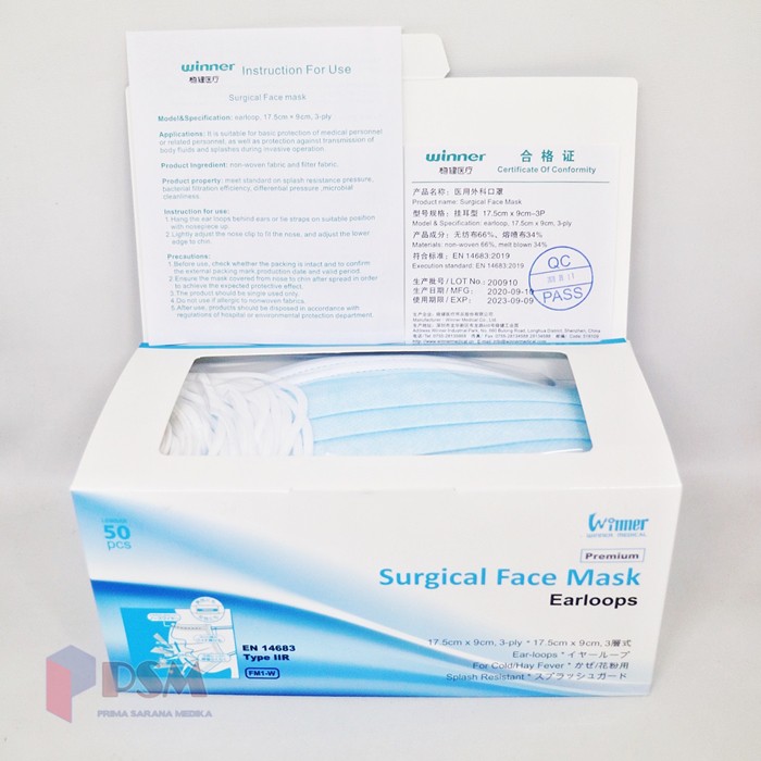 Surgical Mask / Masker Medis 3 ply Earloop Karet Winner perbox isi 50pcs