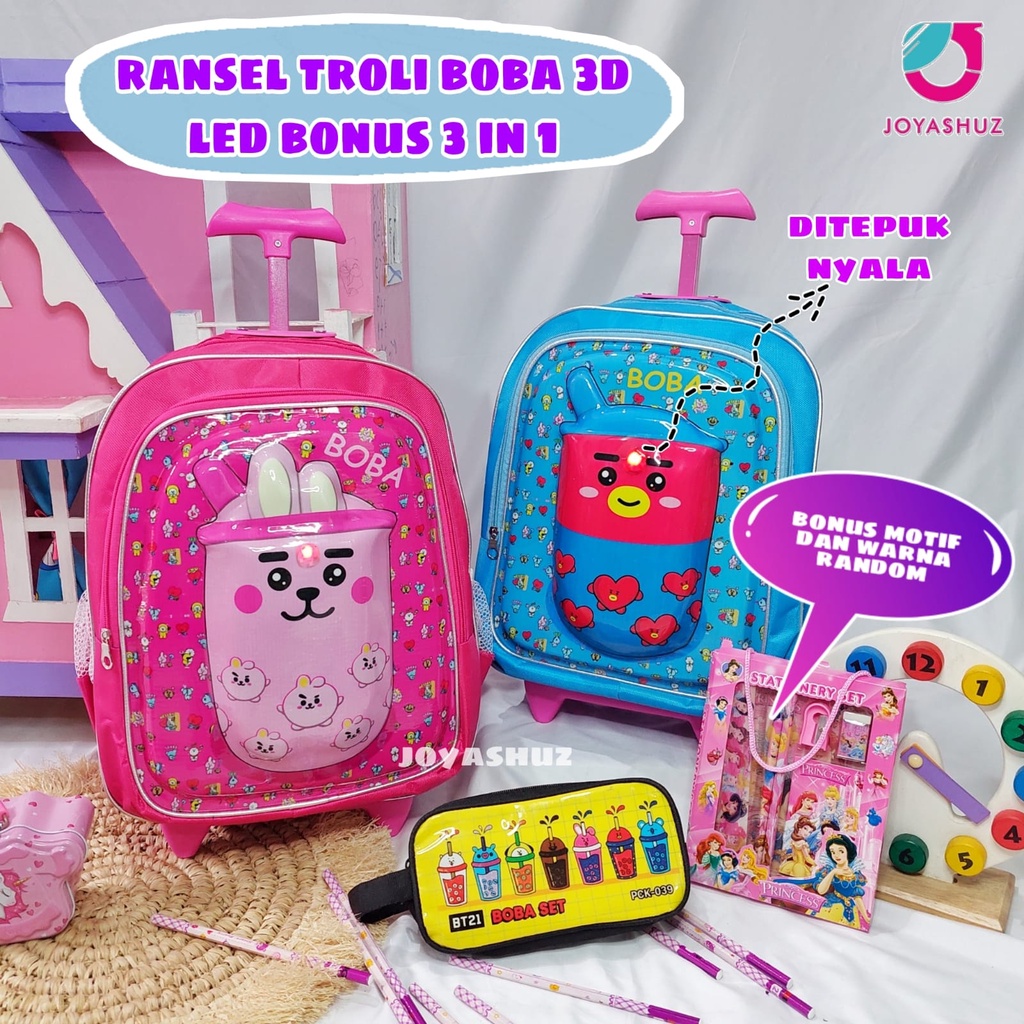 Tas Troli Boba Berbonus - Ransel Troli Boba Anak SD - Tas Troli Sekolah Anak SD  Karakter - Boba Gemes  - Tas Troli Anak Perempuan SD Gratis Botol Dan Misting - Tas Troli Sekolah Anak Perempuan Karakter Lucu - Joyashuz