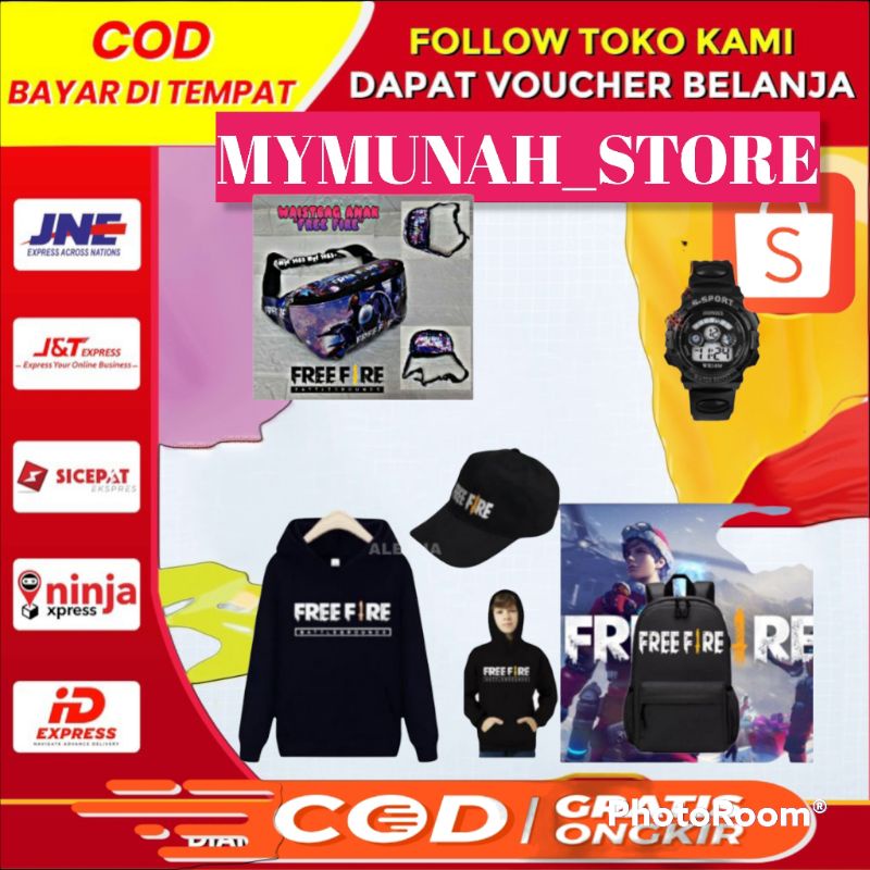 Sweater anak /tas anak/WAISTBAG anak/topi anak/ karakter free fire paket hemat gratis topi dan jam tangan sport