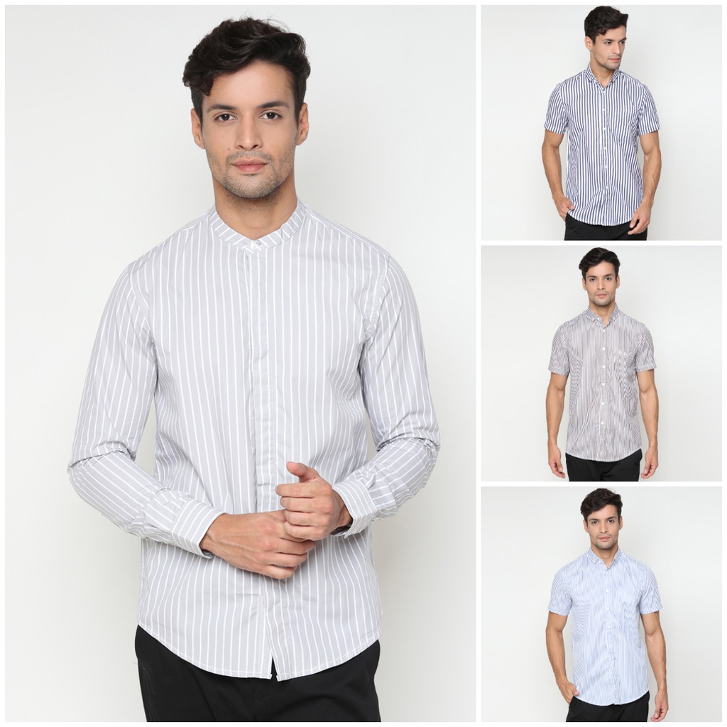 Zaffa Kemeja Polos Pria Lengan Panjang Salur Formal Kerja Hitam Basic Shirt Slimfit